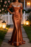 Sparkly Copper Mermaid Cold Shoulder Sequined Ruched Satin Long Prom Dress