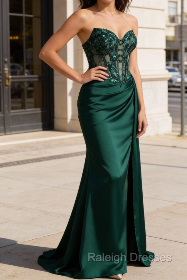 Sparkly Corset Strapless Dark Green Mermaid Long Prom Dresses Secondary image