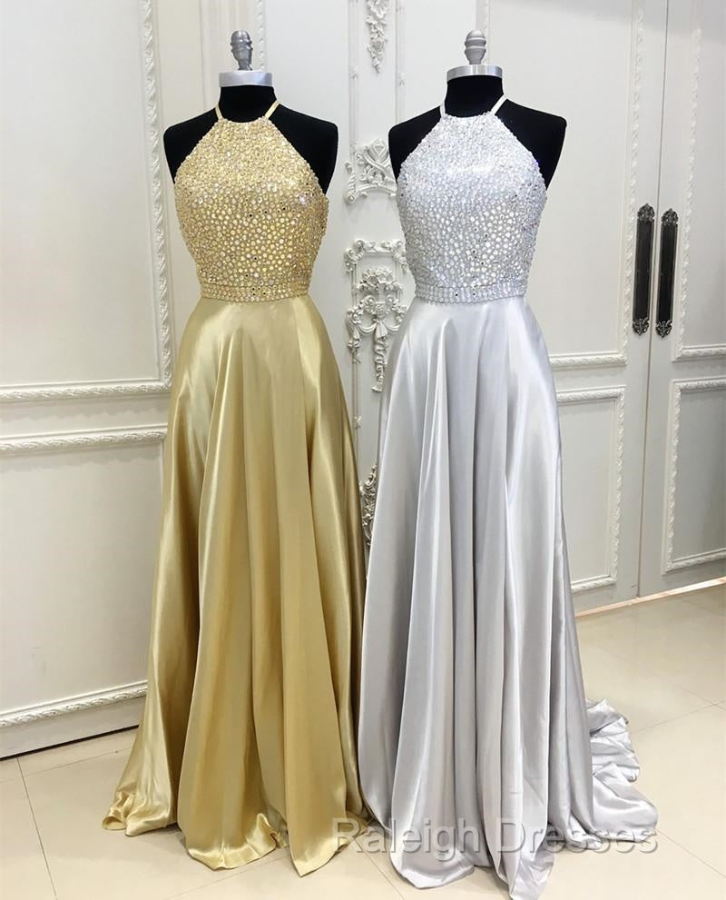 Sparkly Crystal Beaded Halter Long Satin Open Back Prom Dress