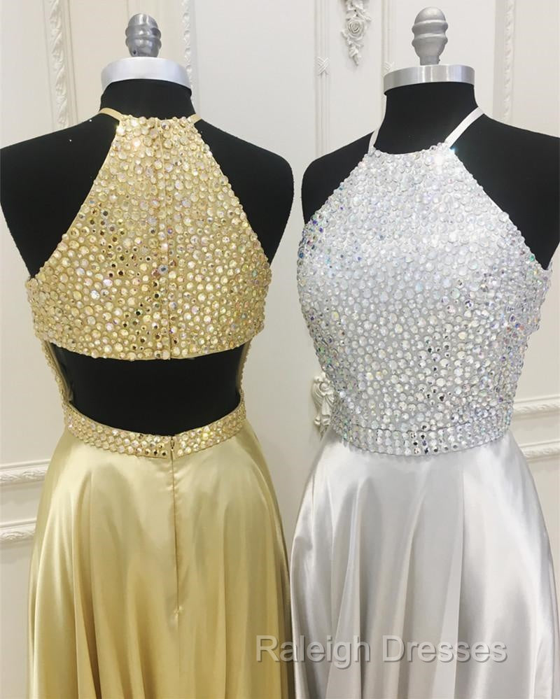 Sparkly Crystal Beaded Halter Long Satin Open Back Prom Dress