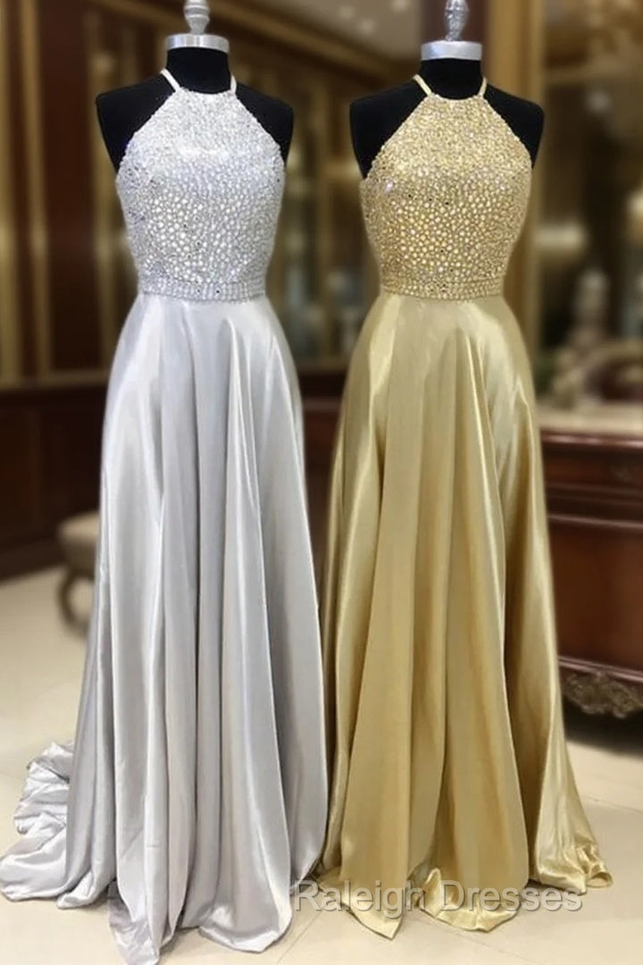 Sparkly Crystal Beaded Halter Long Satin Open Back Prom Dresses Main image