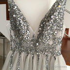 Sparkly Crystal Beaded V-Neck Tulle Split Evening Dresses
