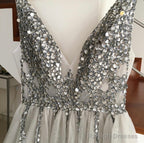 Sparkly Crystal Beaded V-Neck Tulle Split Prom Dress