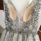 Sparkly Crystal Beaded V-Neck Tulle Split Prom Dress