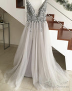 Sparkly Crystal Beaded V-Neck Tulle Split Prom Dress