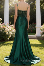 Sparkly Dark Green Mermaid Spaghetti Straps Corset Beaded Prom Dresses with Slit