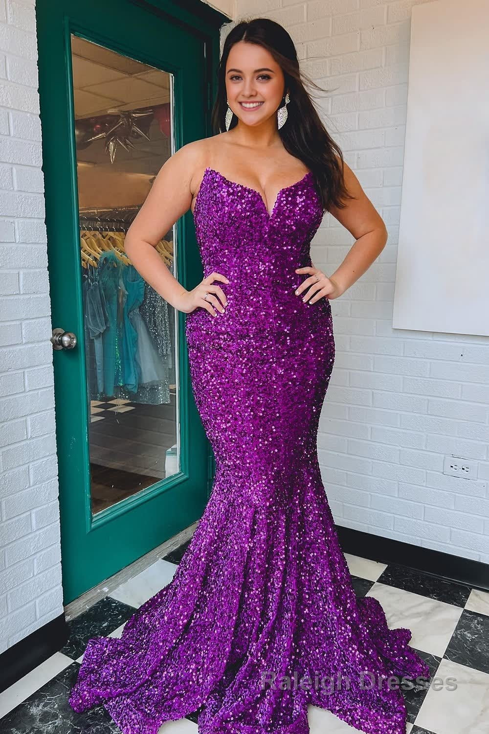 Sparkly Dark Green Sequins Mermaid Sweetheart Long Prom Dress