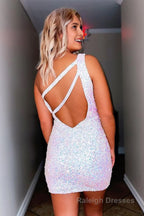 Sparkly Dark Purple Open Back One Shoulder Sequins Tight Homecoming Dress