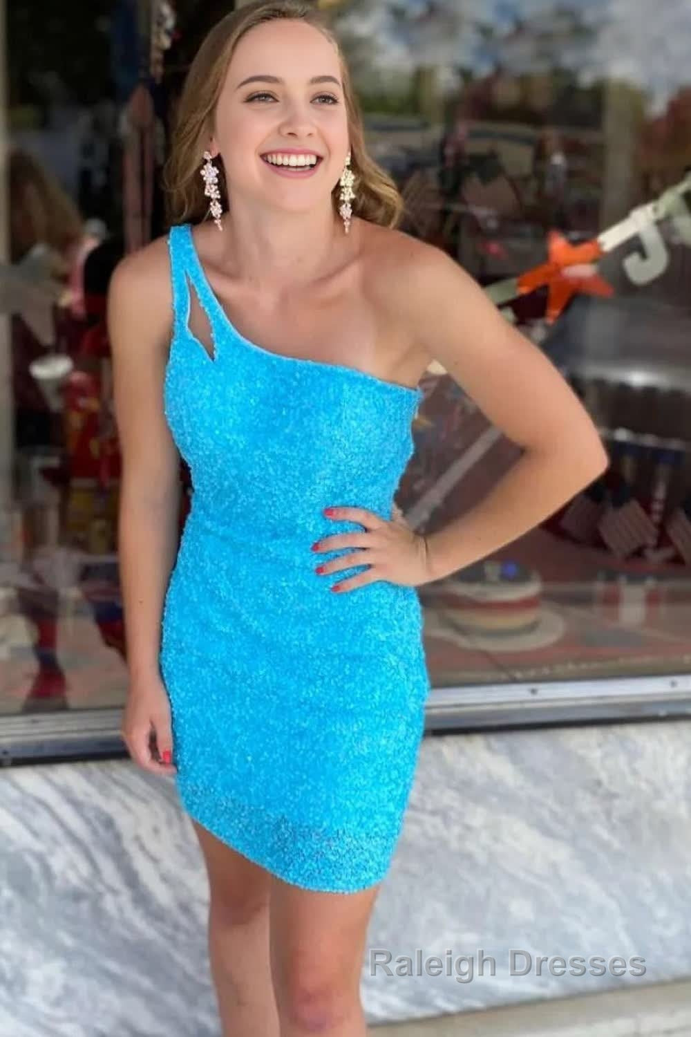 Sparkly Dark Purple Open Back One Shoulder Sequins Tight Homecoming Dress