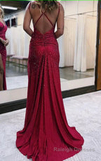 Sparkly Dark Red One Shoulder Sheath Long Prom Dress with Slit Formal Prom Dresses