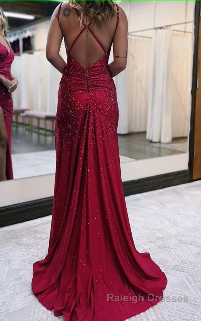 Sparkly Dark Red One Shoulder Sheath Long Prom Dress with Slit Formal Prom Dresses
