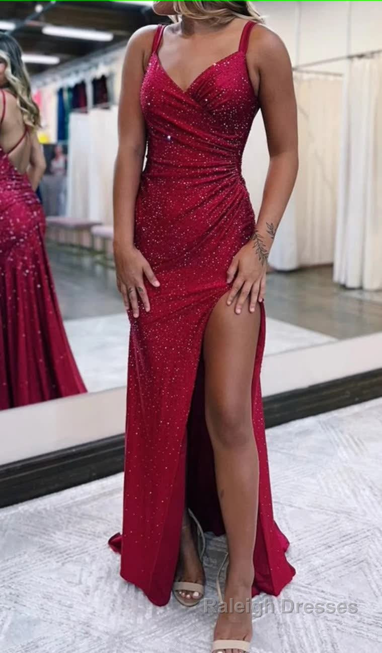 Sparkly Dark Red One Shoulder Sheath Long Prom Dress with Slit Formal Prom Dresses Main image