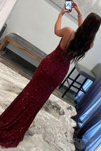 Sparkly Dark Red Sequins Long Prom Dress with Slit Formal Prom Dresses