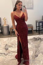 Sparkly Dark Red Sequins Long Prom Dress with Slit Formal Evening Dresses