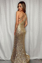 Sparkly Golden One Shoulder Mermaid Sequins Long Prom Dress  with Fringes