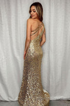 Sparkly Golden One Shoulder Mermaid Sequins Long Prom Dress with Fringes