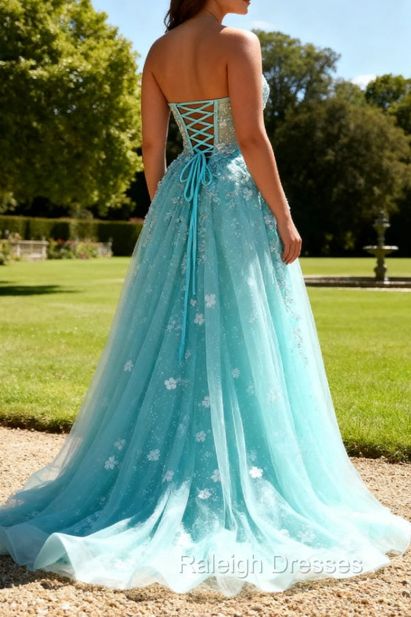 Sparkly Green A-Line Strapless Sequins Corset Long Prom Dress with Slit