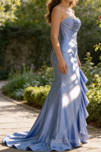 Sparkly Grey Blue Mermaid Strapless Ruffle Corset Satin Long Formal Prom Dress with Slit
