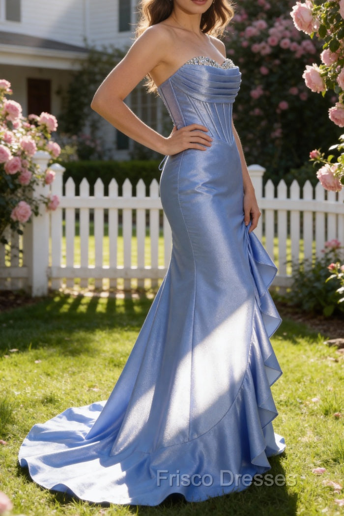 Sparkly Grey Blue Mermaid Strapless Ruffle Corset Satin Long Formal Prom Dress with Slit