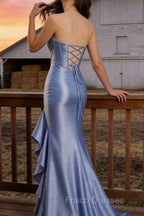 Sparkly Grey Blue Mermaid Strapless Ruffle Corset Satin Long Formal Prom Dress with Slit