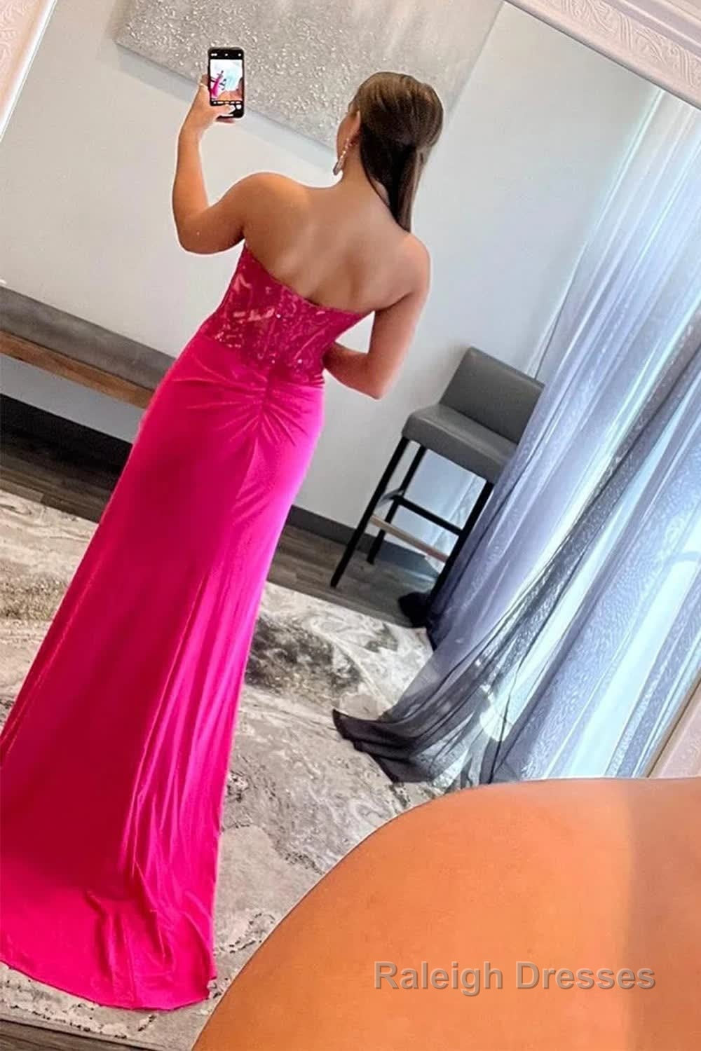 Sparkly Hot Pink Corset Long Prom Dress with Slit Secondary image