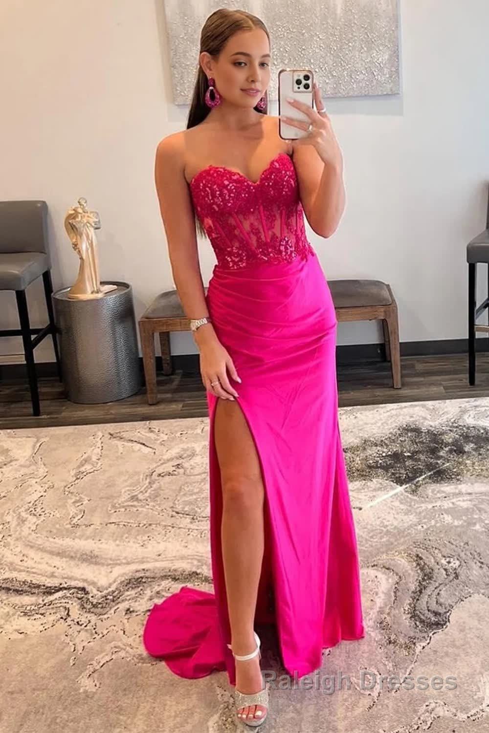 Sparkly Hot Pink Corset Long Prom Dress with Slit