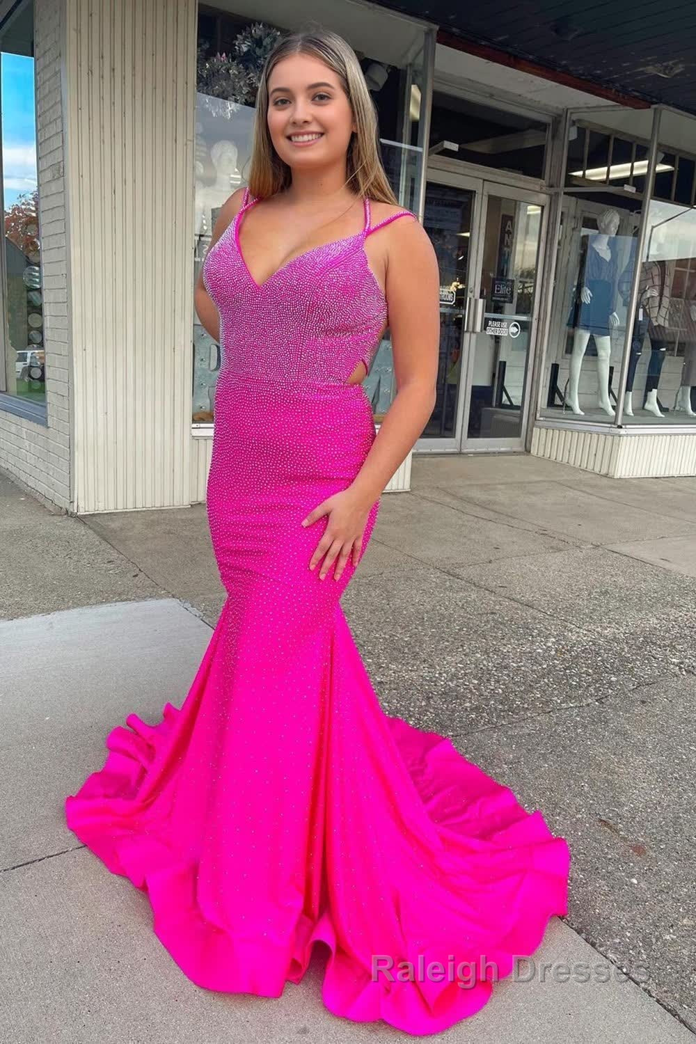 Sparkly Hot Pink Mermaid Sequins Open Back Long Prom Dress Main image