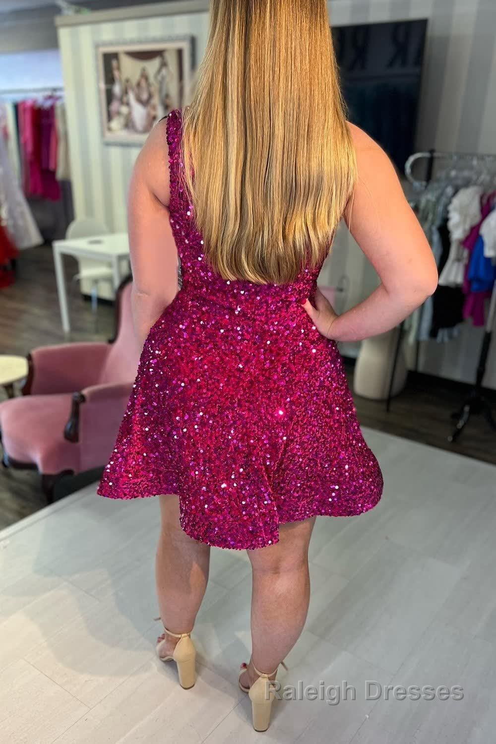 Sparkly Hot Pink One Shoulder Sequins Short Homecoming Dress Secondary image