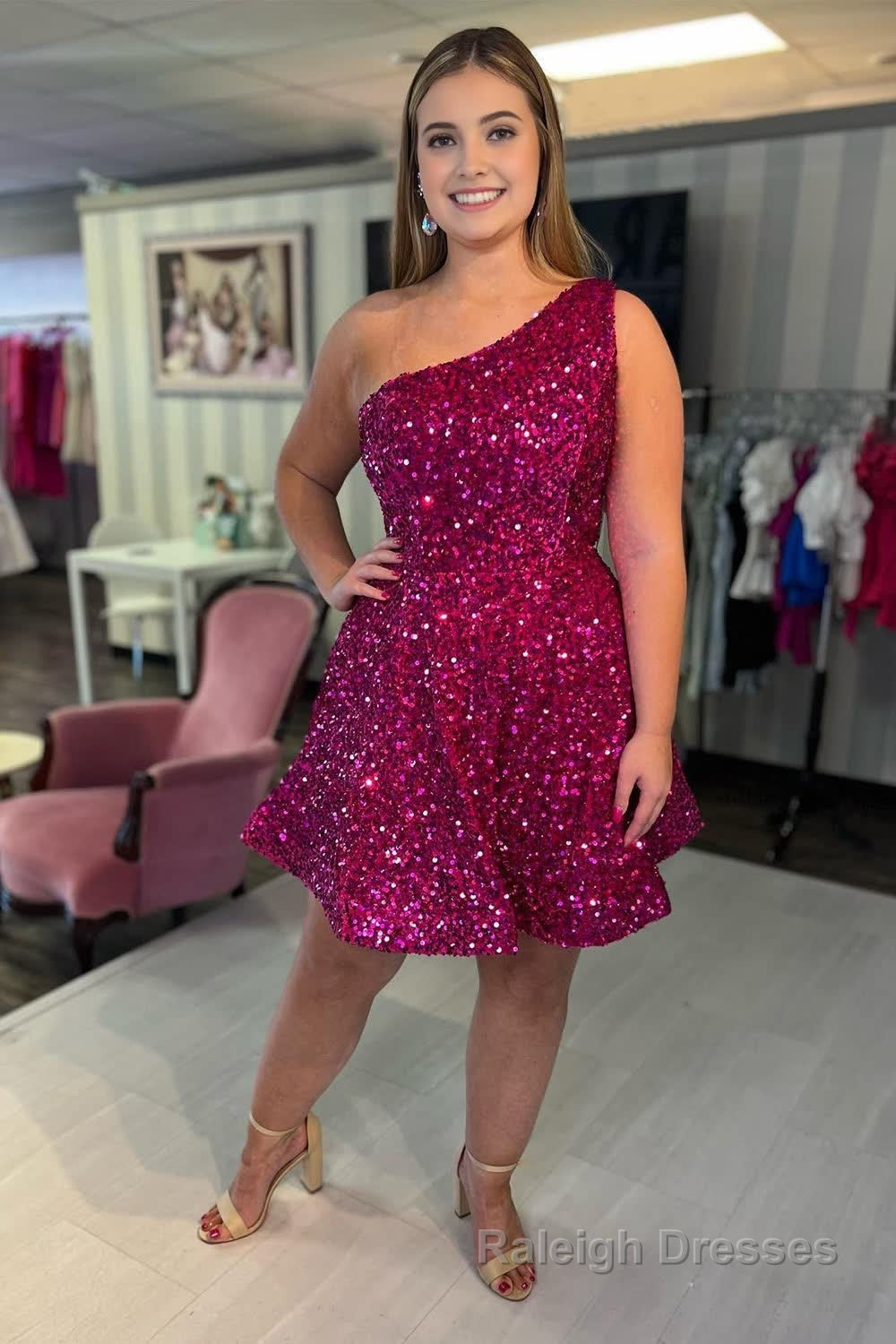 Sparkly Hot Pink One Shoulder Sequins Short Homecoming Dress Main image