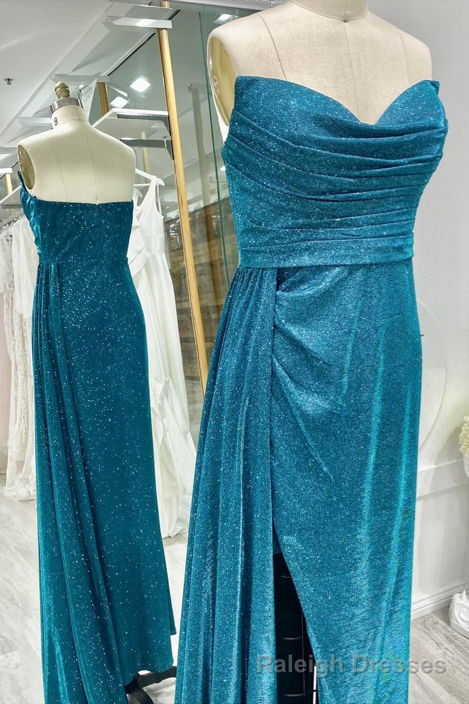 Sparkly Ink Blue Strapless Pleated Long Prom Dress with Slit Secondary image