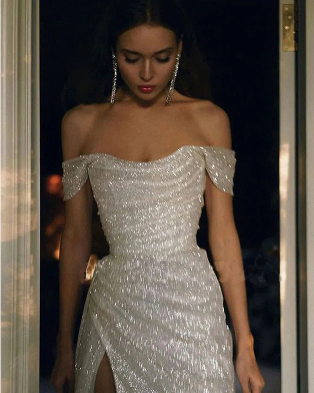 Sparkly Ivory Mermaid Off Shoulder High Slit Cheap Long Prom Dresses Online Secondary image