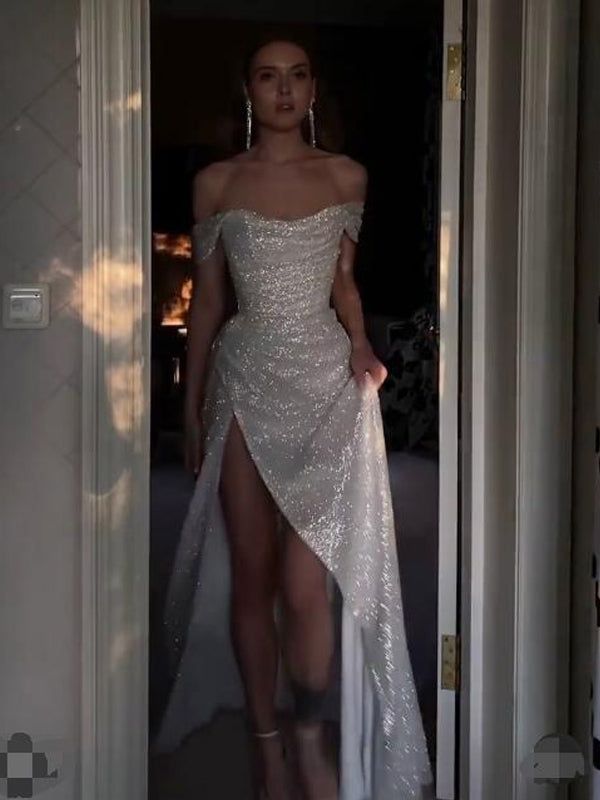 Sparkly Ivory Mermaid Off Shoulder High Slit Cheap Long Prom Dresses Online