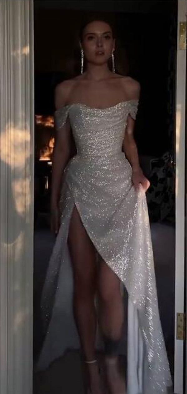 Sparkly Ivory Mermaid Off Shoulder High Slit Cheap Long Prom Dress Main image