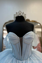 Light Blue Prom Dress Off the Shoulder Tulle Long Corset Evening Dress with Bow