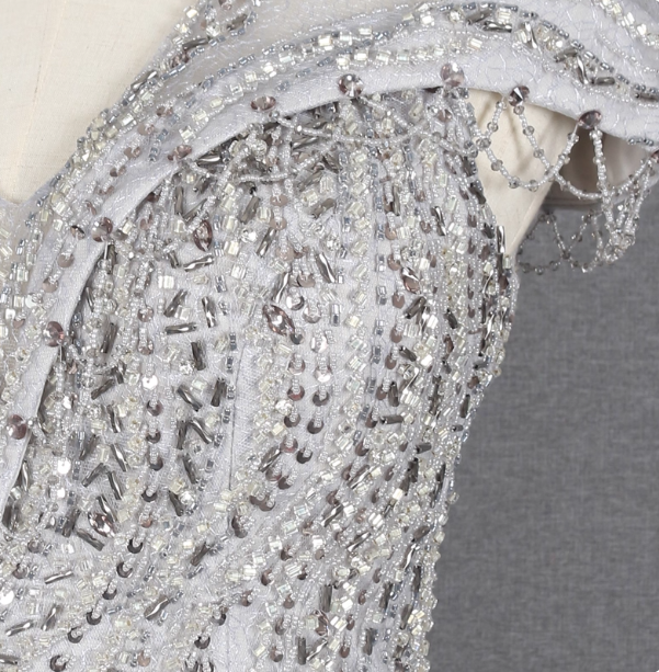 Sparkly Light Grey Mermaid V-Neck Beaded Tulle Train Formal Prom Dress