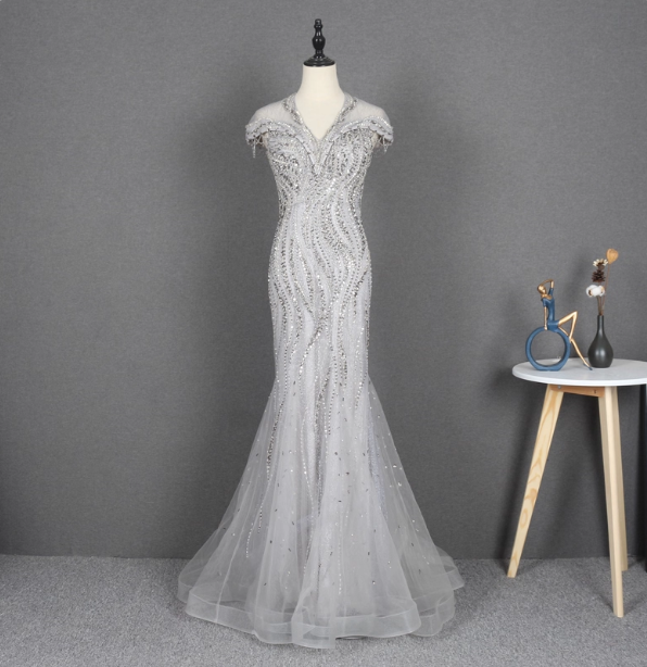 Sparkly Light Grey Mermaid V-Neck Beaded Tulle Train Formal Prom Dress