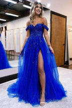 Sparkly Lilac Sequins Corset A Line Long Prom Dress with Slit