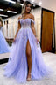 Sparkly Lilac Sequins Corset A Line Long Prom Dress with Slit