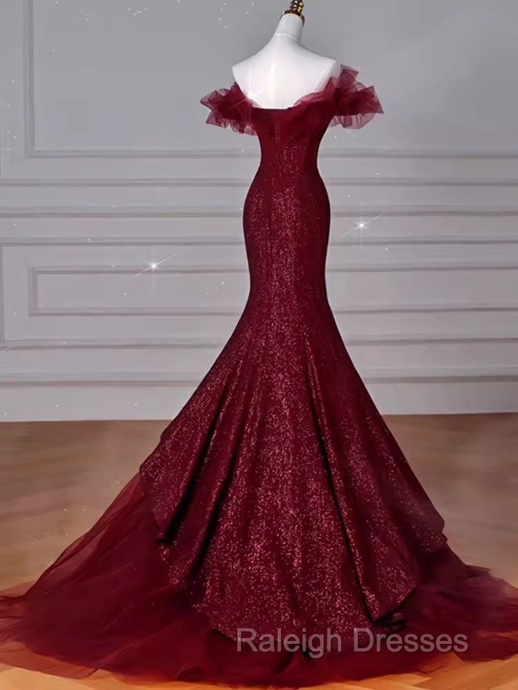 Sparkly Mermaid Burgundy Sequin Long Prom Dress Party Dresses