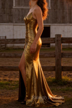 Sparkly Mermaid Golden Long Prom Dress with Slit