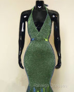 Sparkly Mermaid Halter Ruffles Prom Dress