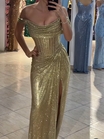 Sparkly Mermaid Off The Shoulder Blue Sequin Long Slit Evening Party Gowns Evening Dress Special Formal Dresses Prom Dress