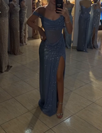 Sparkly Mermaid Off The Shoulder Blue Sequin Long Slit Evening Party Gowns Evening Dress Special Formal Dresses Prom Dress