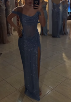 Sparkly Mermaid Off The Shoulder Blue Sequin Long Slit Evening Party Gowns Evening Dress Special Formal Dresses Prom Dress
