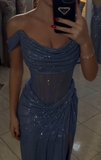 Sparkly Mermaid Off The Shoulder Blue Sequin Long Slit Evening Party Gowns Evening Dress Special Formal Dresses Prom Dress
