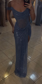 Sparkly Mermaid Off The Shoulder Blue Sequin Long Slit Evening Party Gowns Evening Dress Special Formal Dresses Prom Dress