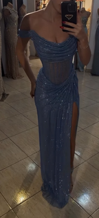 Sparkly Mermaid Off The Shoulder Blue Sequin Long Slit Evening Party Gowns Evening Dress Special Formal Dresses Prom Dress