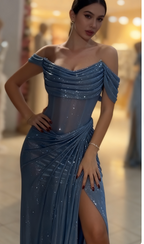 Sparkly Mermaid Off The Shoulder Blue Sequin Long Slit Evening Party Gowns Evening Dress Special Formal Dresses Prom Dress