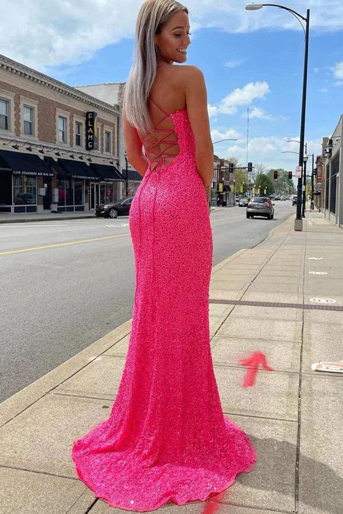 Sparkly Mermaid Sequined Sleeveless Long Prom Dress With Slit, Long Formal Gown Secondary image