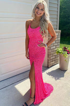 Sparkly Mermaid Sequined Sleeveless Long Prom Dress With Slit, Long Formal Gown